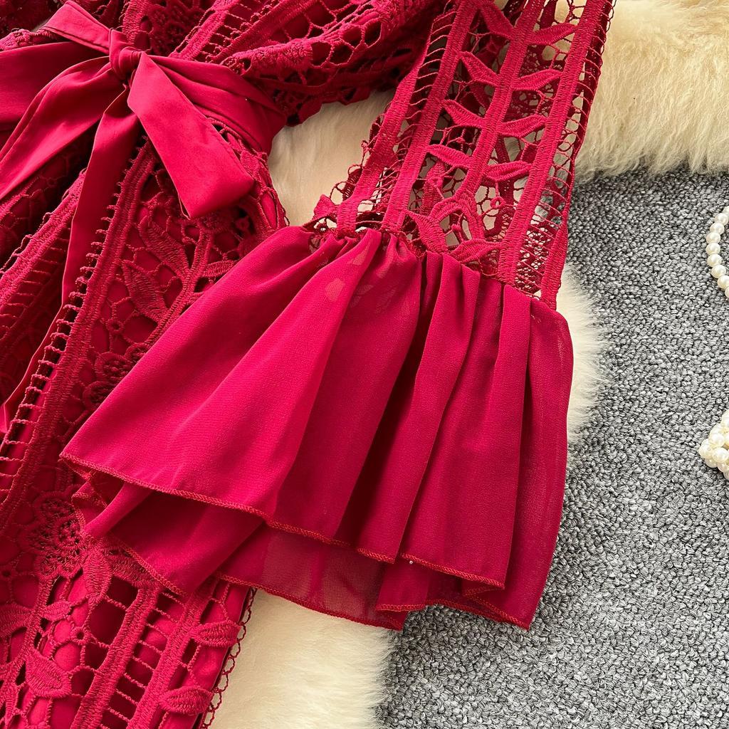 France Vintage Hollow Out Evening Dress Women Sashes V-Neck Flare Sleeve Crochet Elegant Dress Female Casual Chic Clothing
