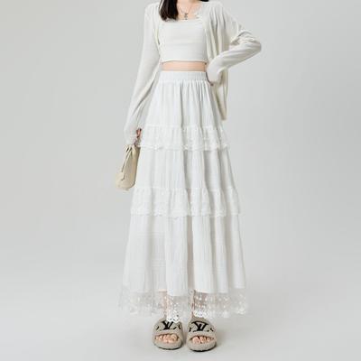 Женская весенняя французская милая белая юбка-многоярусный торт с кружевной отделкой - расклешенная А-силуэта с завышенной талией и оригинальными деталями