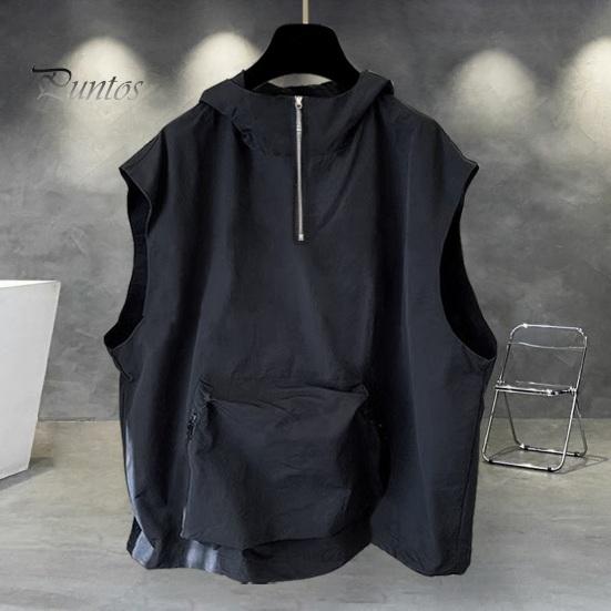 Мужской летний жилет с капюшоном на молнии и половиной планки без рукавов в стиле хип-хоп, жилет, однотонный быстросохнущий жилет с большими карманами