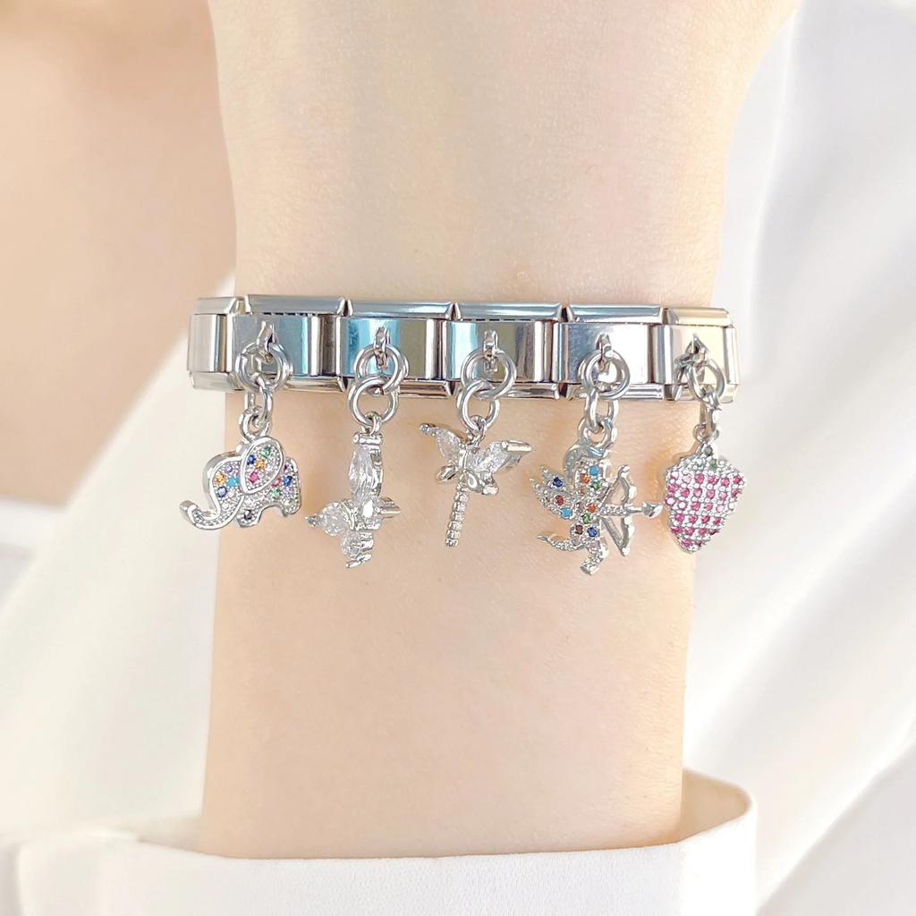 Hapiship New Fashion Colour CZ Elephant Dragonfly Charm Italian Link Fit DIY 9mm Stainless Steel Bracelet DIY Jewelry DJ600