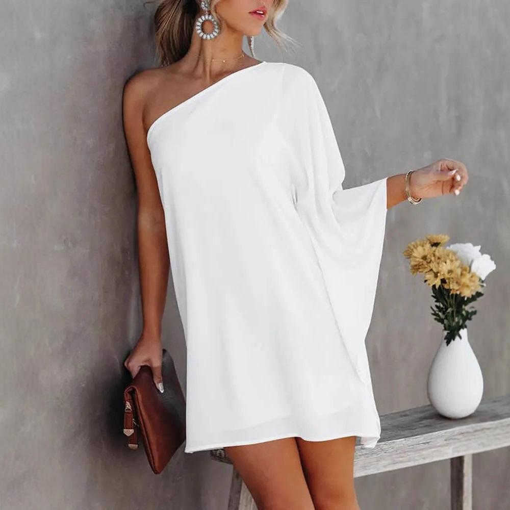 Женское мини-платье на одно плечо с рукавами дольман свободного кроя с цветочным принтом Повседневное летнее платье-сарафан