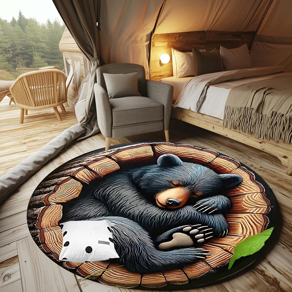 1 Piece Black Bear Sleeping Outdoor Round Carpet Floor Mat Tent Footprint Doorway Decorative Carpet Outdoor Patio Camping Carpet Living Room Bathroom