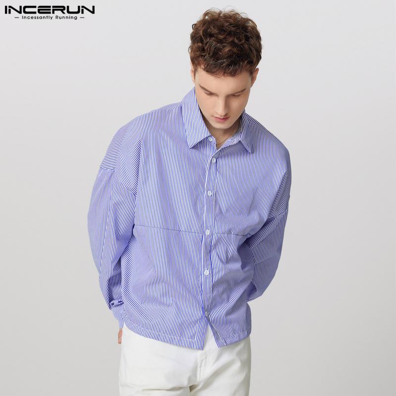 INCERUN Мужские рубашки с лацканами, длинными рукавами, в полоску, повседневные, на пуговицах