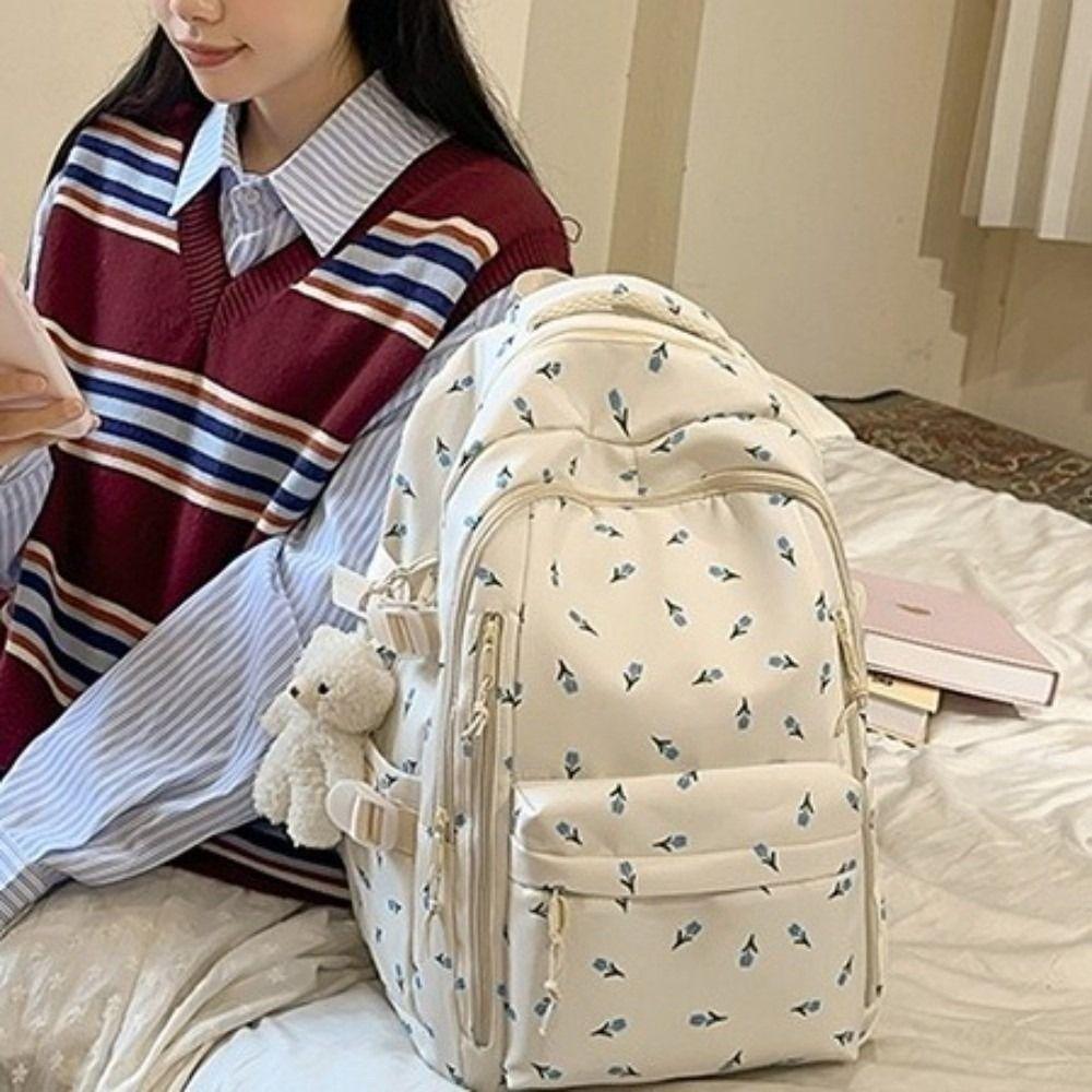 Large Capacity Bow Pattern School Bag Multi-compartment Rucksack Floral Print Backpack Travel