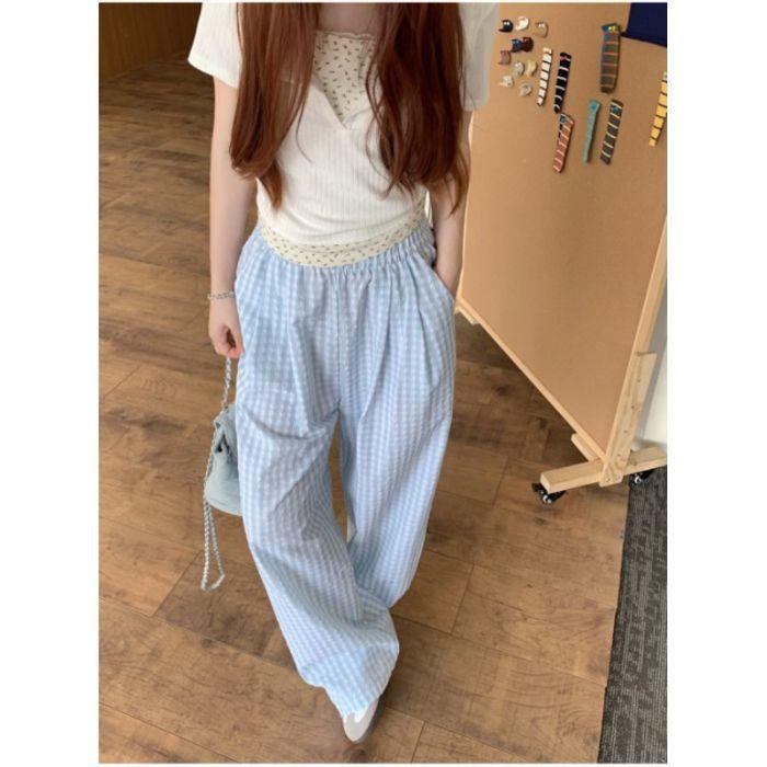 Plaid Contrasting Color Drape Casual Pants Women's Summer New Loose High Waist Straight Long Pants