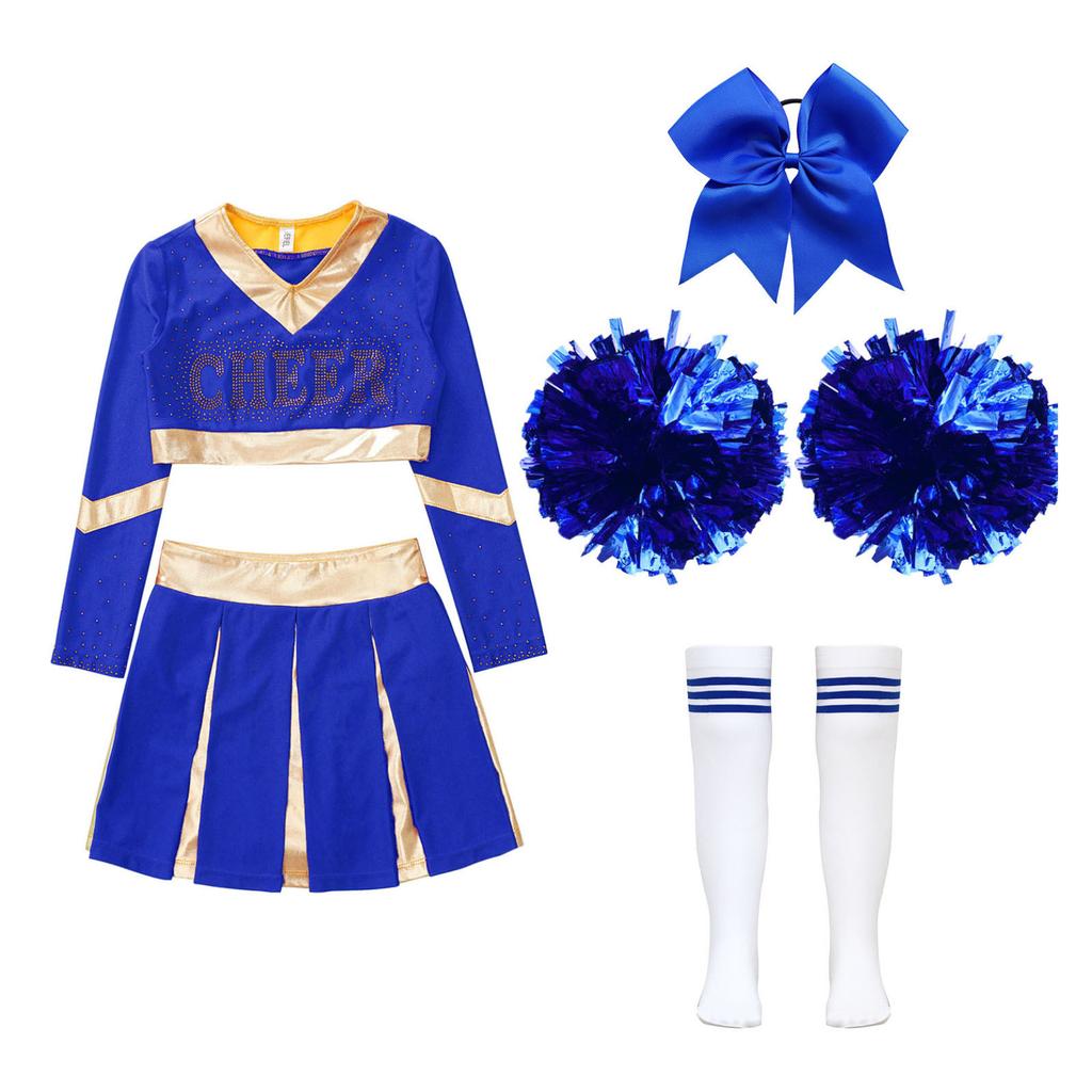 Kids Girls Cheerleading Set Long Sleeve Crop Top with Pleated Skirt and Bowknot Headwear Knee High Stockings 2Pcs Flower Balls for Dance Performance