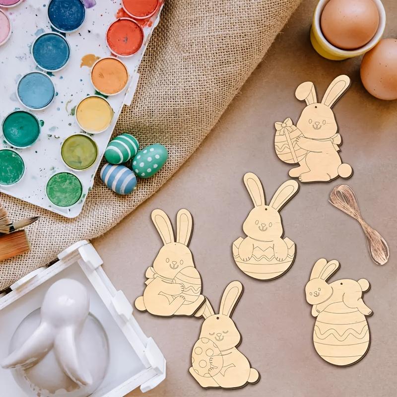 24pcs Easter Bunny & Egg Wooden Hanging Decorations Kit - DIY Paint-Your-Own Craft Set with Twine, Colorful Blank Wood Chips for Festive Home