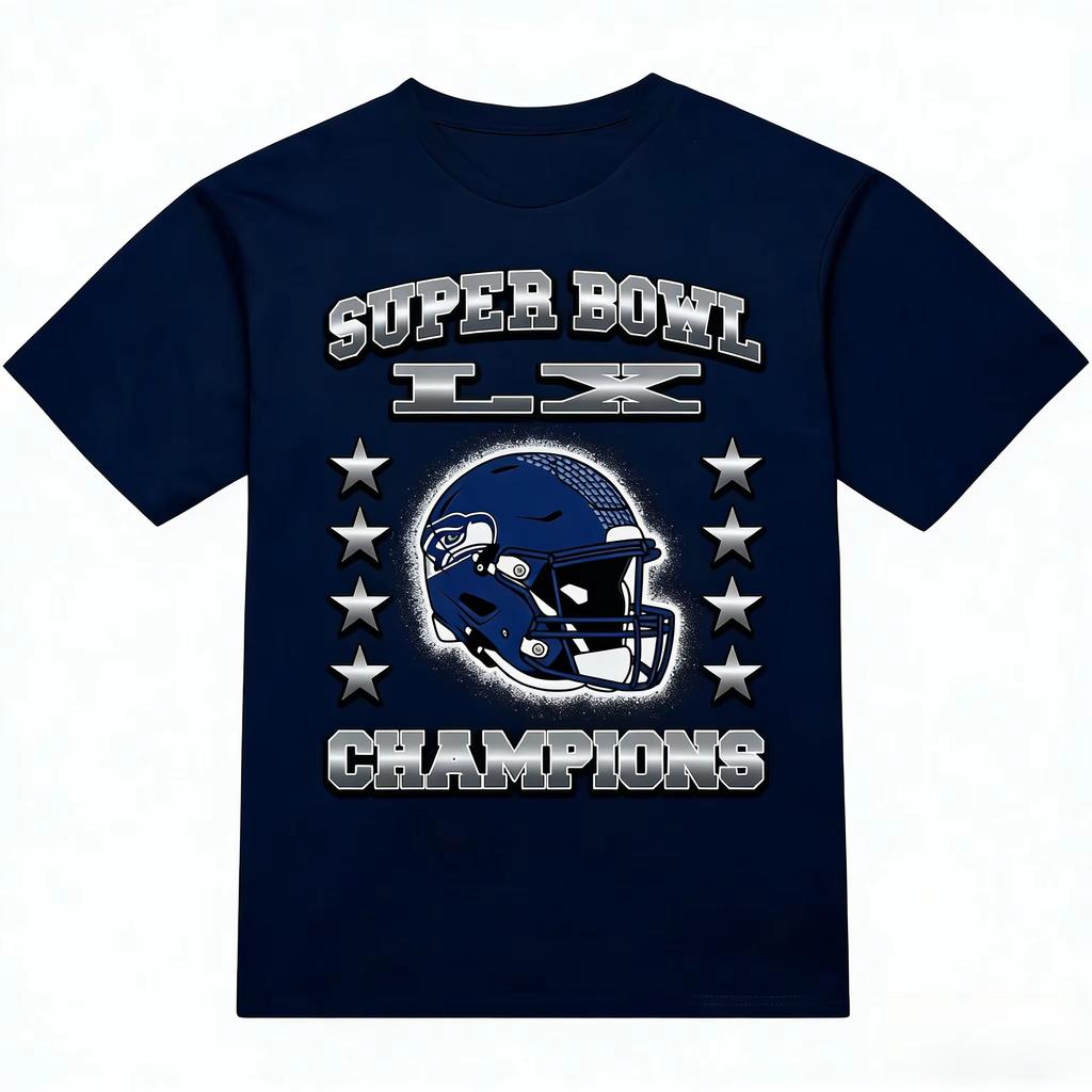 Super Bowl LX 2026 Seahawks Champion Commemorative Shirt Unisex Summer New Mens Football pure Cotton Short Sleeve Tshirt