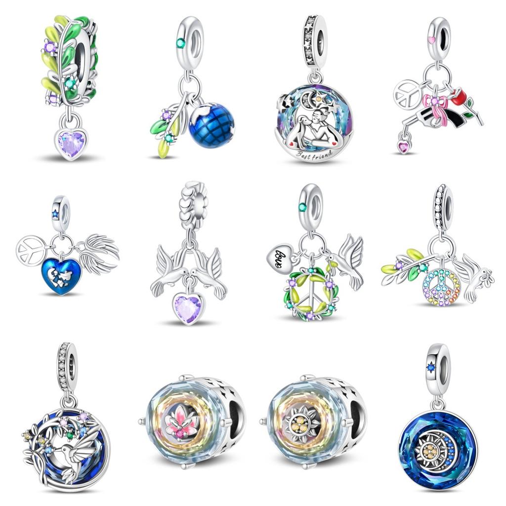 S925 Silver Handmade Tree of Life Sun World Peace Dove Charm Bracelet Bead Jewelry Accessory