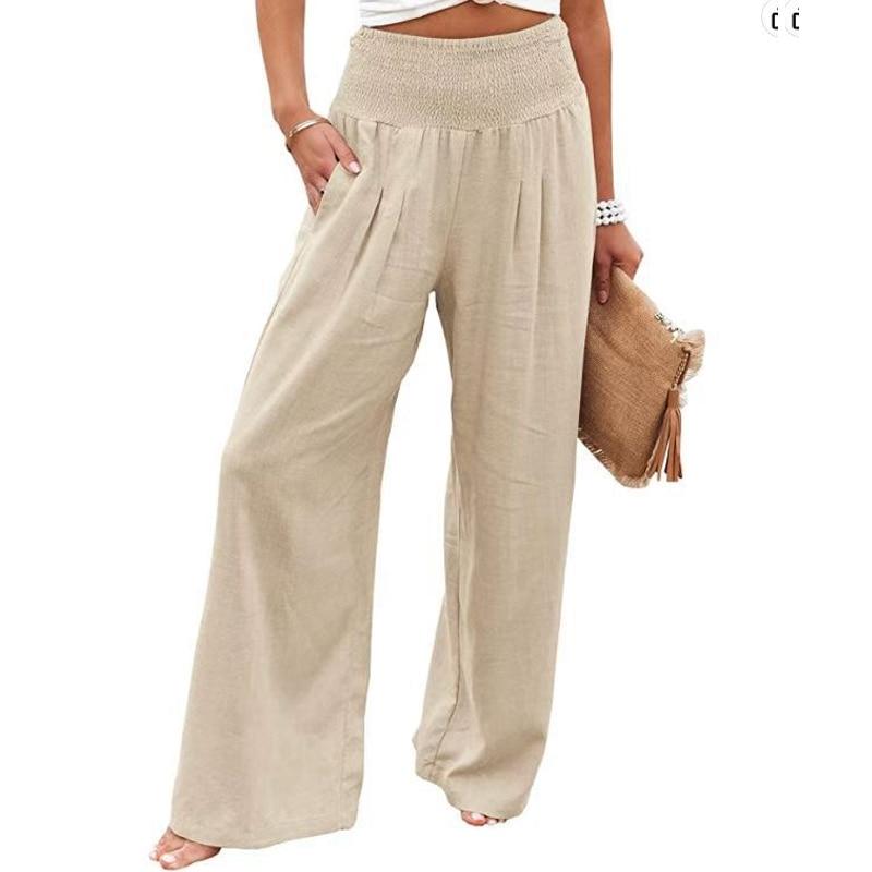 2023 Casual Beach Wide Leg Pants Women Fashion Solid Elastic Cotton Linen Long Pants Chic Loose High Waist Ladies Trousers 22683