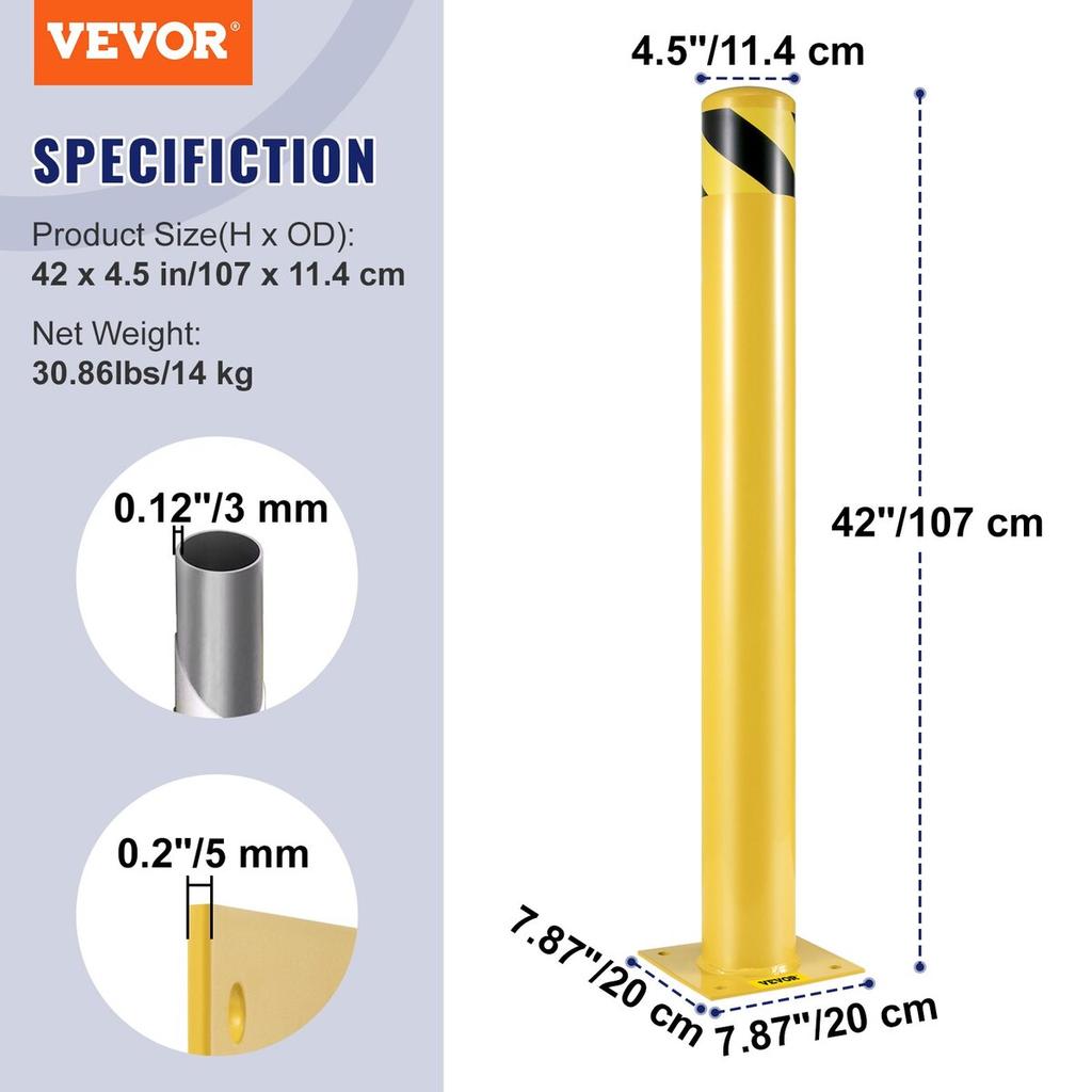 Safety Bollard, 42 Inch Height Bollard Post, 4.5 Inch Diameter Steel Pipe Safety Bollard Post, Yellow Steel Bollard, Steel Safety Bollard with 8