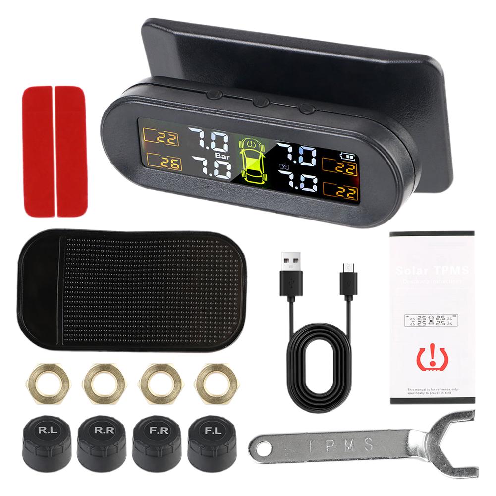 Солнечная TPMS Система мониторинга давления в шинах автомобиля Сигнализация Манометр давления воздуха в шинах Предупреждение о температуре С 4 датчиками