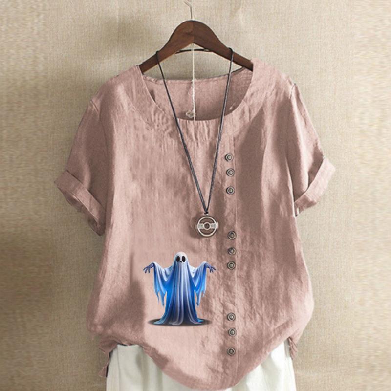 Женская модная футболка Ghost Printed с круглым вырезом и коротким рукавом, повседневная рубашка из хлопка и льна с рисунком, свободная летняя блузка для отдыха, топы