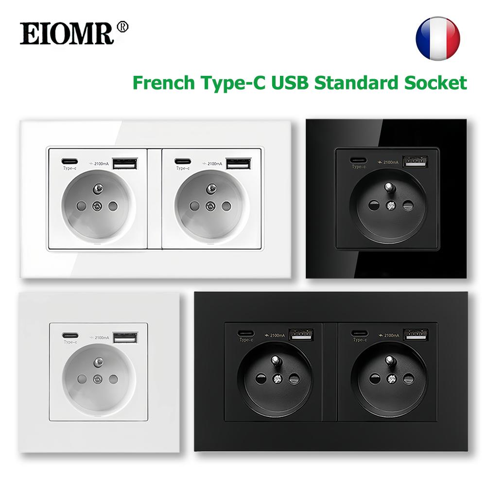 Розетка EIOMR Стандарт Франции, Одинарная Двойная AC 100~250V 16A Белый Черный Настенная Тип-C USB Вилки Розетка для Дома Офиса