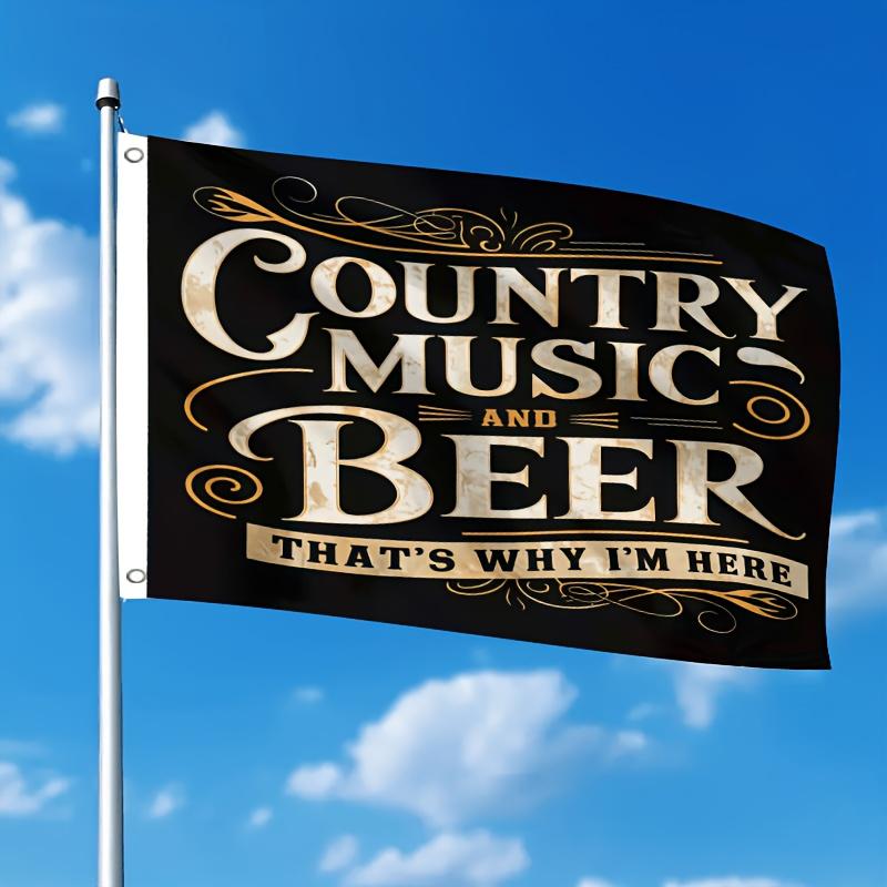 1pc Single-Sided Printed Flag, Durable Polyester Material - Suitable for Outdoor Use, Retro Country Music Beer Theme Fashion Black And Golden Pattern