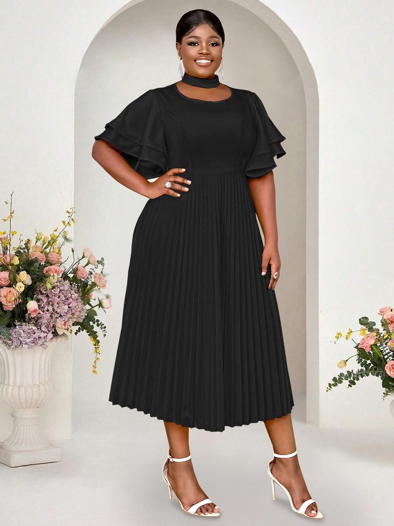 AOMEI Желтые платья трапециевидной формы для женщин с круглым вырезом и короткими рукавами с оборками и высокой талией Плиссированные офисные повседневные повседневные вечерние платья миди Наряды