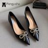 Crystal Bowtie Shoes Ladies Office Work Chunky High Heels Bridesmaid Wedding Pumps Woman Wedges Pointy Toe Mary Jeans Mujer