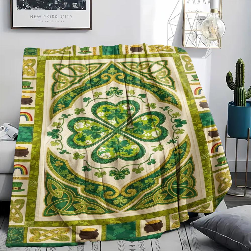 1Pc St.Patrick's Day Print Flannel Blanket, High quality Comfortable for All Seasons, Home Decor, Warmth and Comfort, Perfect for Christmas Gifts W72