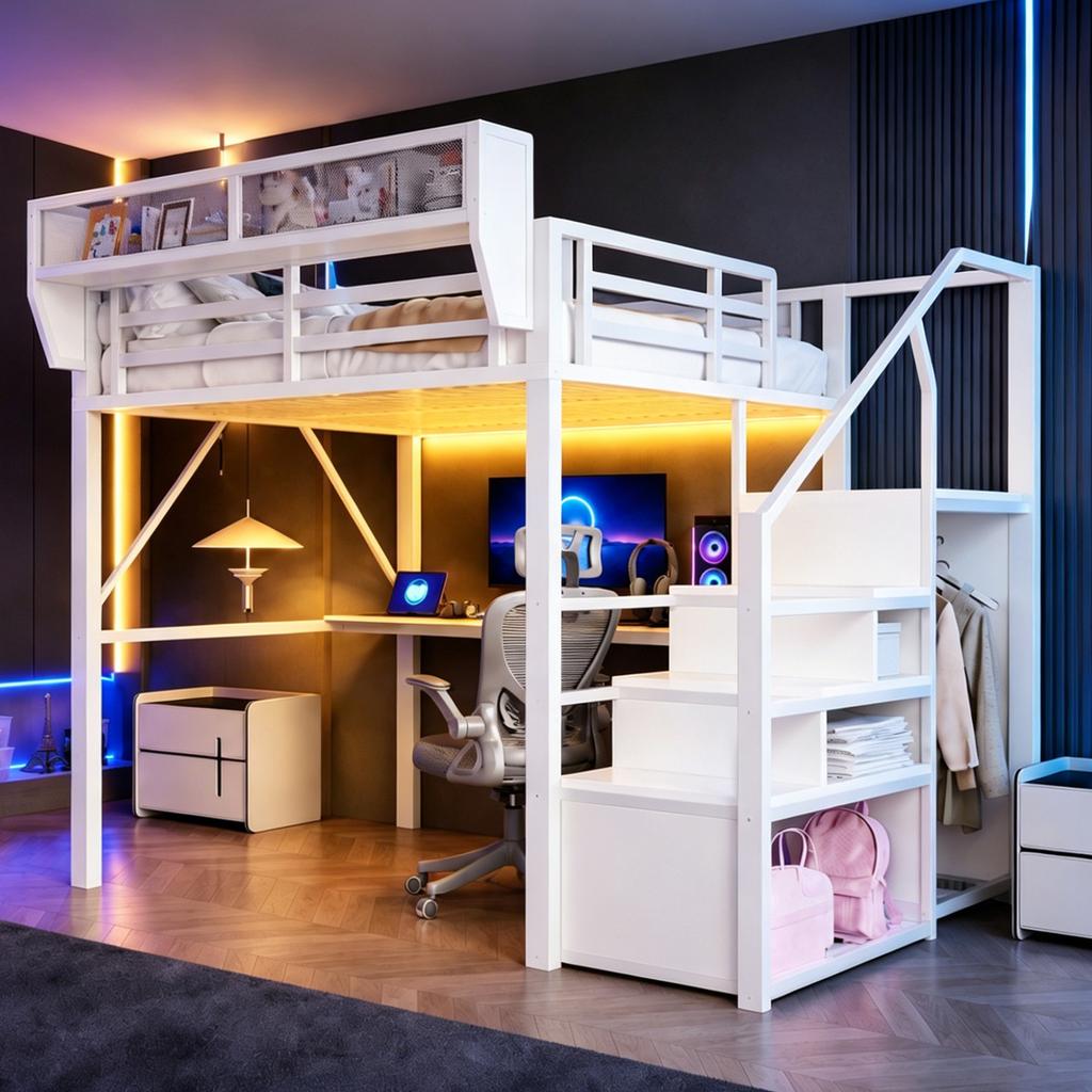 Loft Bed (140 x 200 cm), Metal Bed with LED Light Strip, Long Desk, Safety Ladder and Flexible Storage – Universal Bed for Adults and Children White