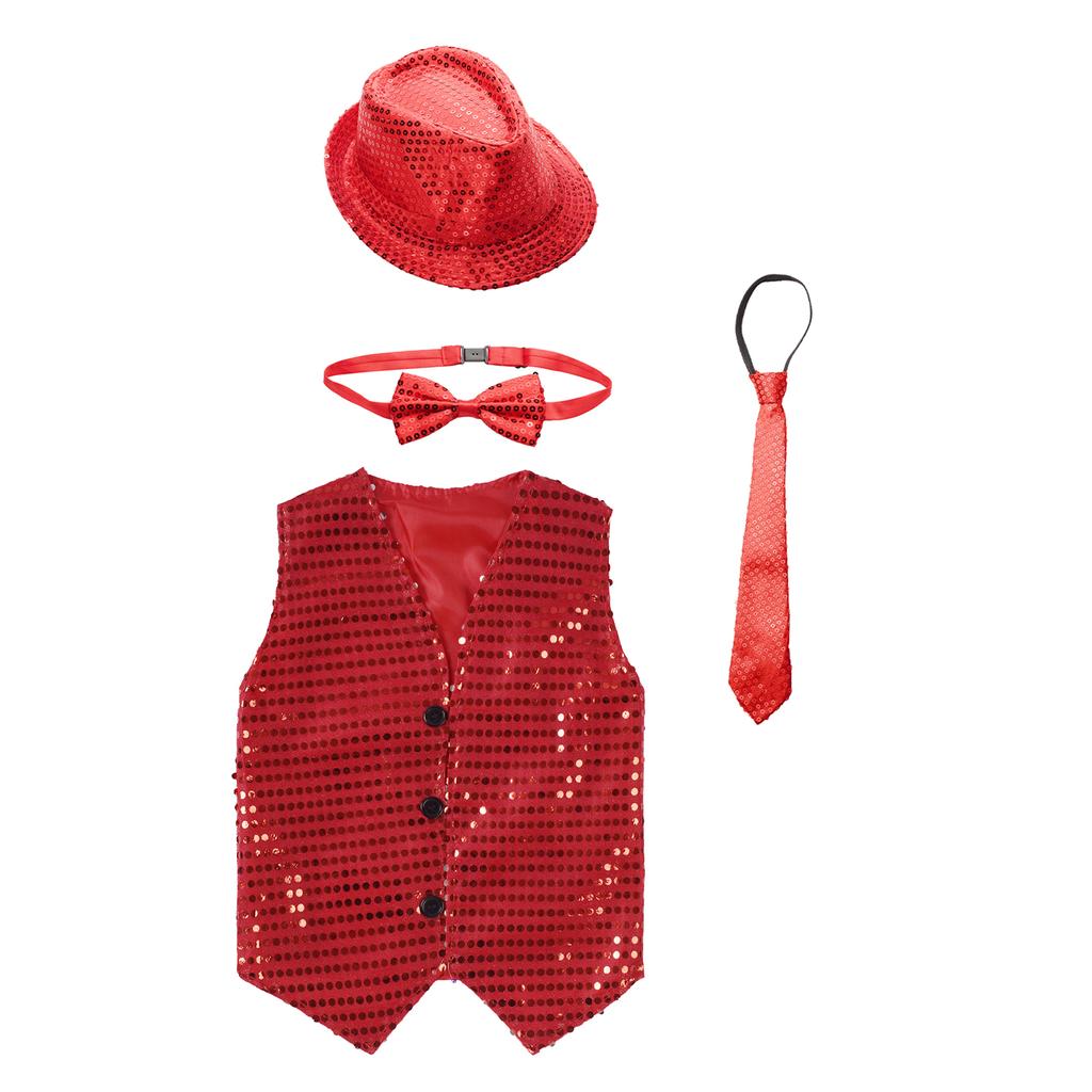 Boys Glittery Dance Vest Sleeveless V Neck Sequin Buttons Vest Set with Hat Bowtie for Jazz Stage Performances