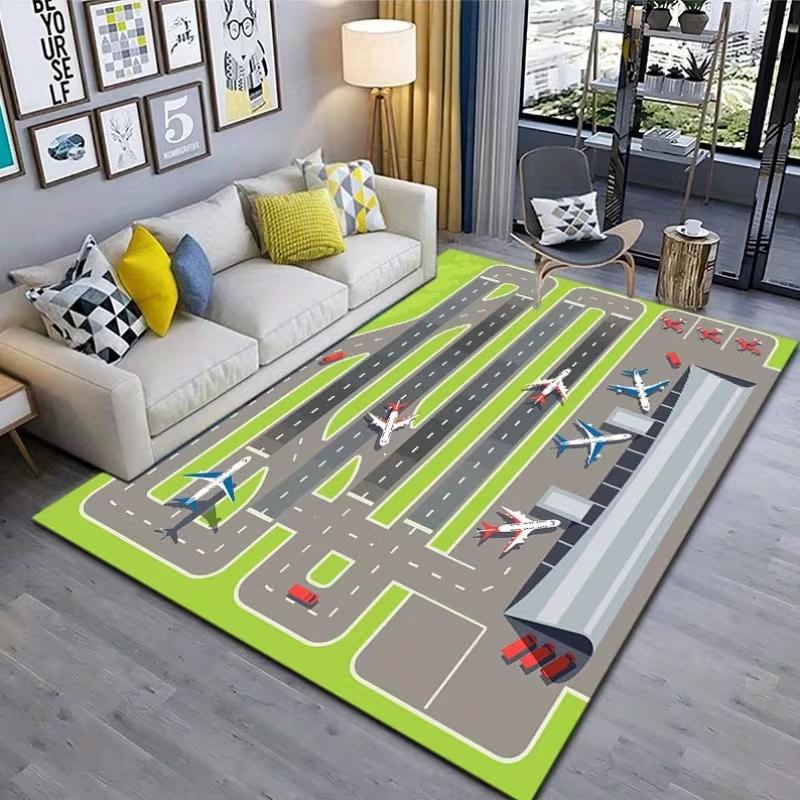 Kids Realistic Airport Runway Play Rug Non Slip Soft Educational Interactive Carpet for Children Bedroom Playroom and Game Area