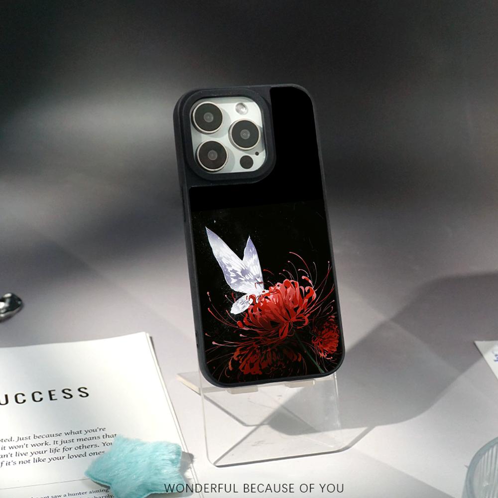 Арт Красные паучьи лилии дизайн Япония Чехол для телефона для iPhone 17 16 e 15 14 13 12 Pro Max Овечья кожа Серебристый край Защитный чехол