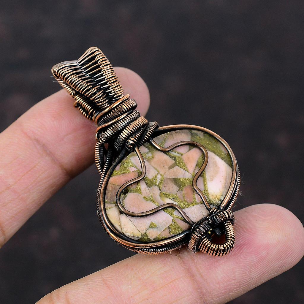 Медный кулон с розовым опалом, кулон из медной проволоки, кулон с радужным лунным камнем, натуральный драгоценный камень, кулон ручной работы, медный ювелирный подарок для нее