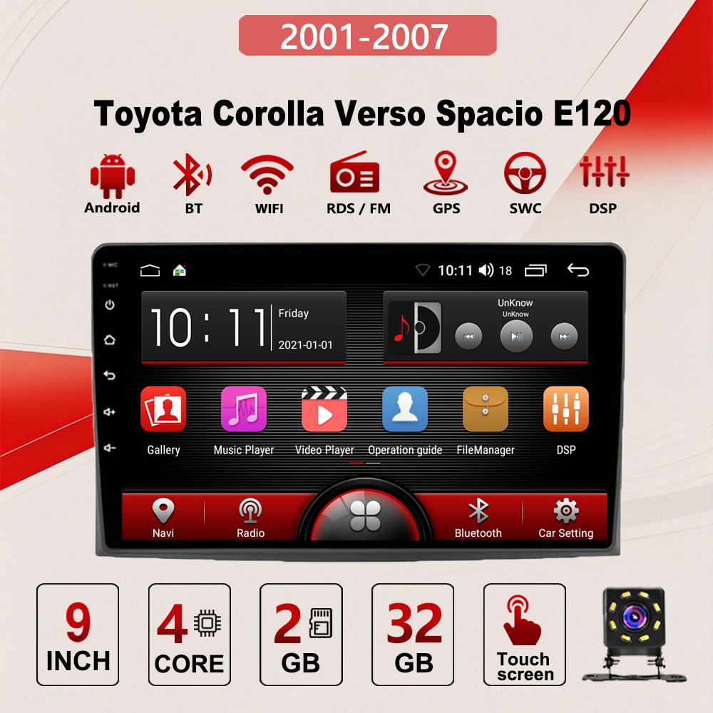 2DIN Android Автомобильная магнитола Car-Play, Toyota Corolla Verso Spacio E120 2001-2007, Мультимедийный плеер Головное устройство Стерео Навигация GPS BT WIFI, 2+32 ГБ