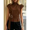High Neck Sleeveless Metal Buckle Belt Waist Cinching Slim Fit Commuter Blouse