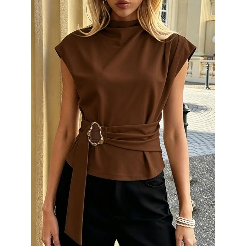 High Neck Sleeveless Metal Buckle Belt Waist Cinching Slim Fit Commuter Blouse