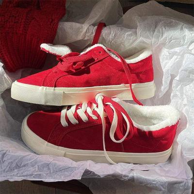 2025 зима новые бархатные парусиновые туфли женские позитивные красные туфли корейская версия универсальные теплые повседневные кеды две хлопковые туфли