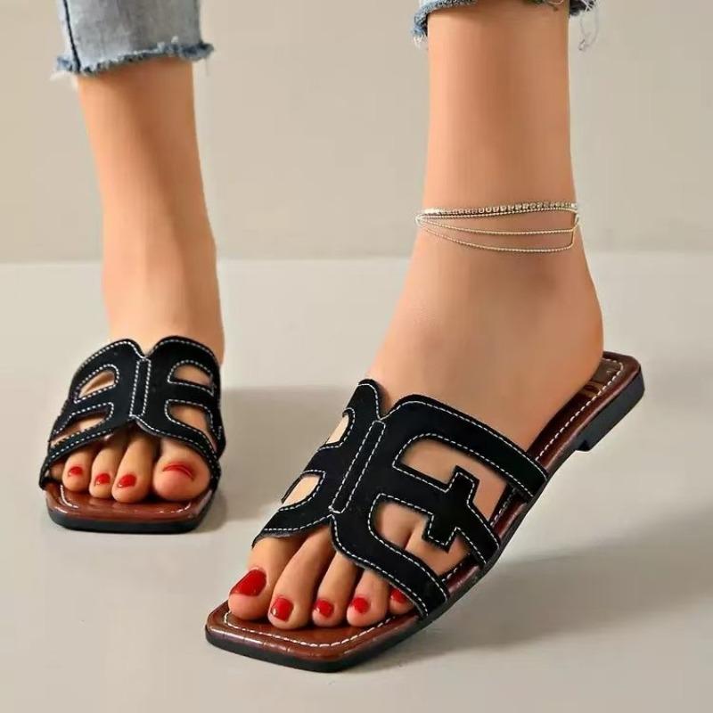 Large size cool slippers women's summer new flat-bottomed non-slip hollowed-out beach shoes one-word casual cool slippers women