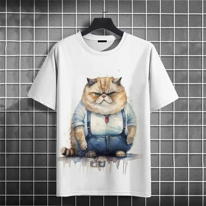 Смешная футболка с толстым котом Детские 3D-печатные футболки с животными Детские повседневные свободные футболки с коротким рукавом Большие размеры Летние уличные футболки