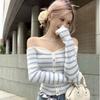 One-shoulder Striped Long-sleeved Knitted Sweater, A Slimming and Figure-hugging Base Layer for Women