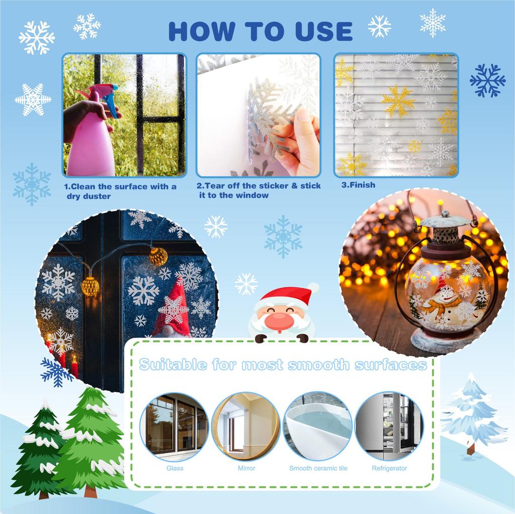 6 Glass Window Stickers, Snowflakes, Glitter Christmas Decoration Window Stickers, Static Christmas Window Stickers