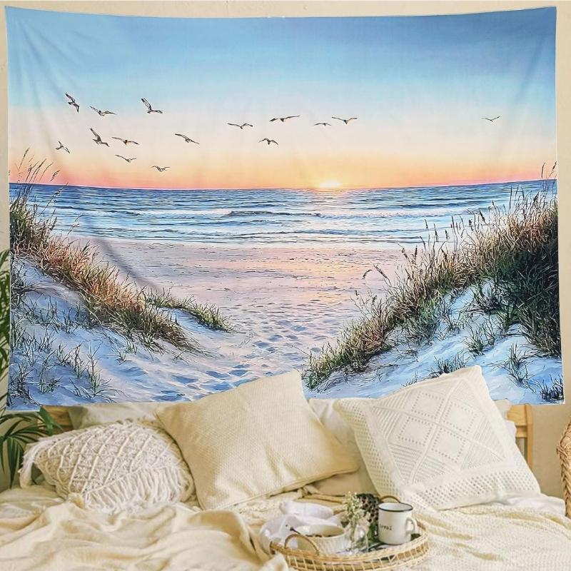 Sea Sunset Seabird and Beach with Grass Tapestries Natural Landscape Tapestry Aesthetic for Bedroom Living Room Office Decor