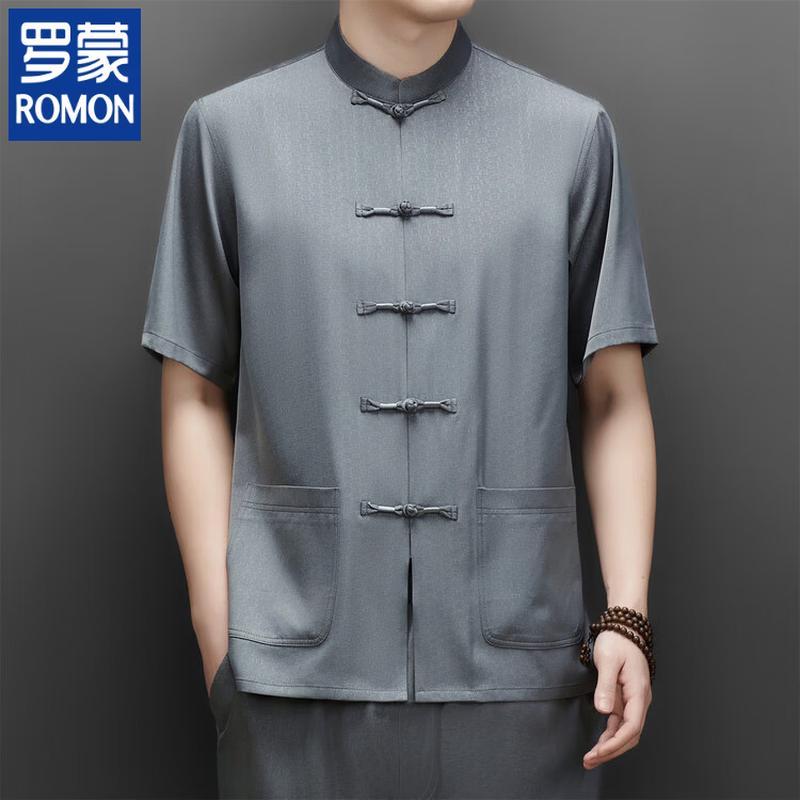 ROMON Men's New Chinese Style Tang Suit Short-Sleeved Shirt Set