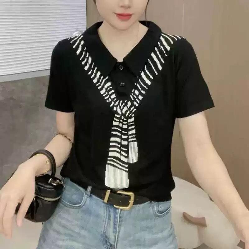 Lapel Short-sleeved T-shirt for Women In Summer New Scarf Printed Temperament Versatile Slim Lapel Top