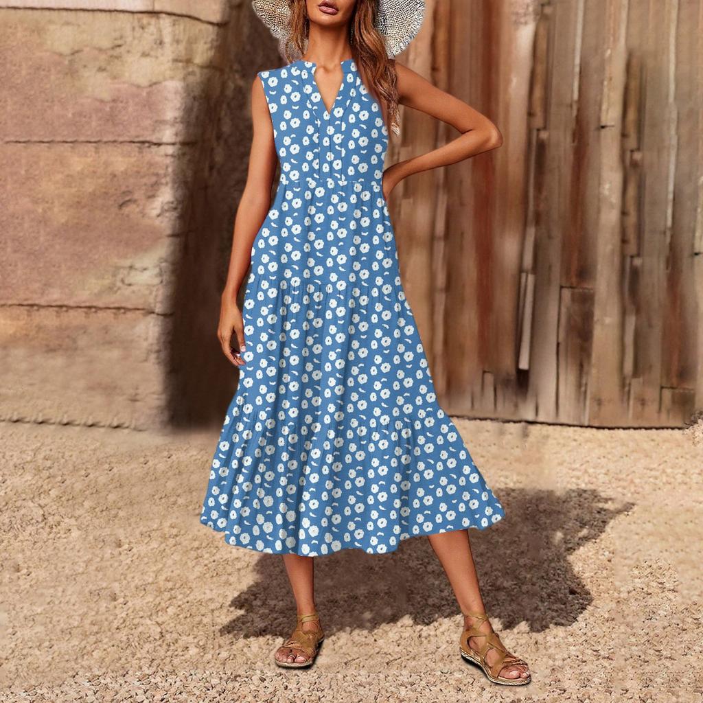 Women's Casual And Fashionable V-neck  Sleeveless Printing Mid Length Dress