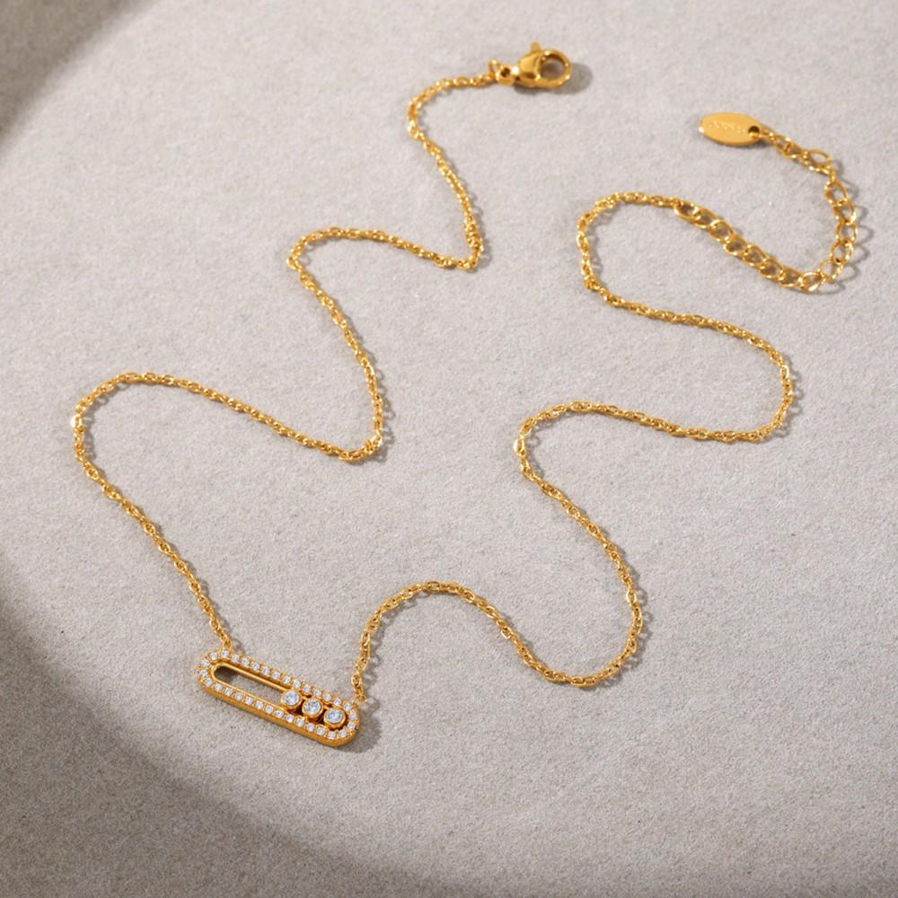 Chain Necklace Matching Ring In Stainless Steel Gold Plated With Movable Zircon Pendant Necklaces Adjustable Rings For Women