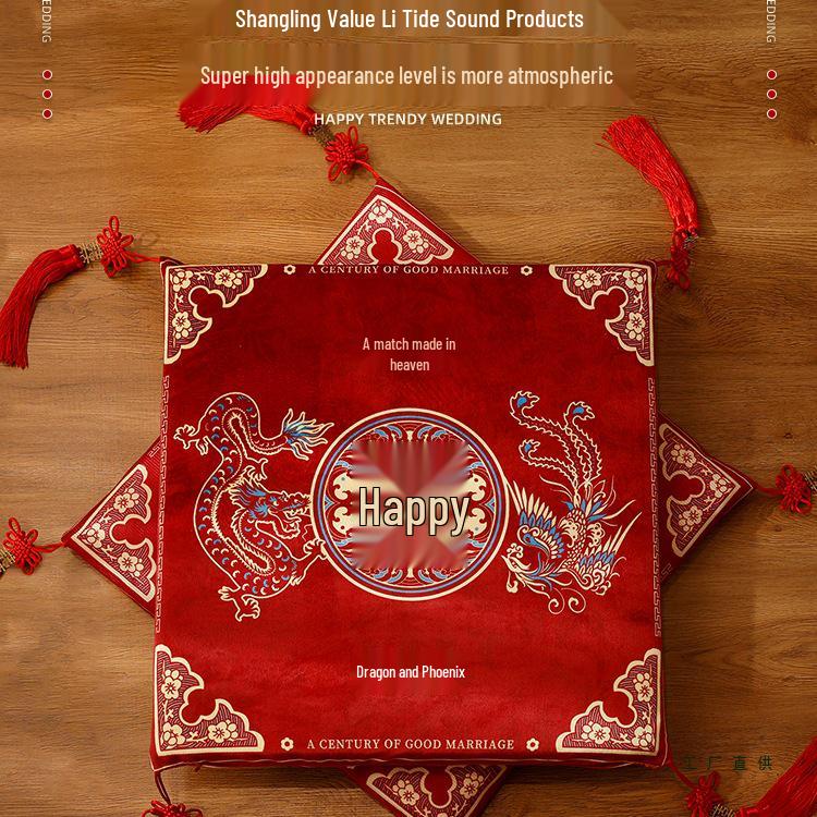 Wedding Red Cushion Set: Kneeling Cushions for Tea Ceremony, Marriage, or Address Change featuring Bride, Double Happiness, and Fortune Symbols.