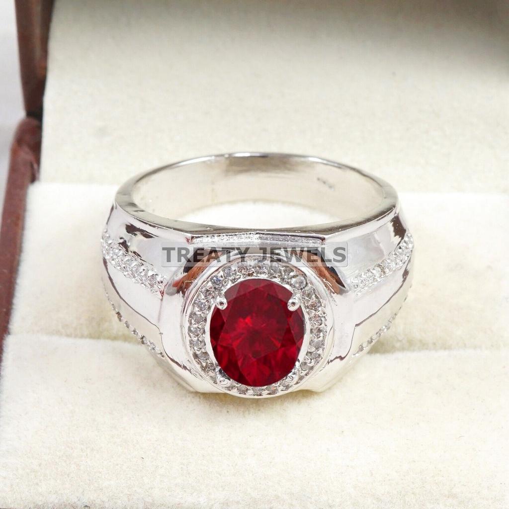 Ruby Oval Cut Gemstone With 925 Sterling Silver Ring For Men's #B549 JL375686410531