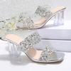 Fashion Women's Large Size Slippers 35-43 New Square Head Transparent Thick with 7.3 Cm Rhinestone Fashion Crystal Sandals High Heels