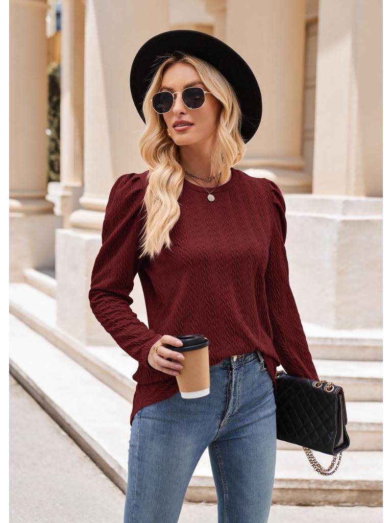 2024 Новая осенняя мода Повседневная круглая горловина однотонная трикотажная жаккардовая женская футболка с рукавами-пузырями и узорами из жареного теста