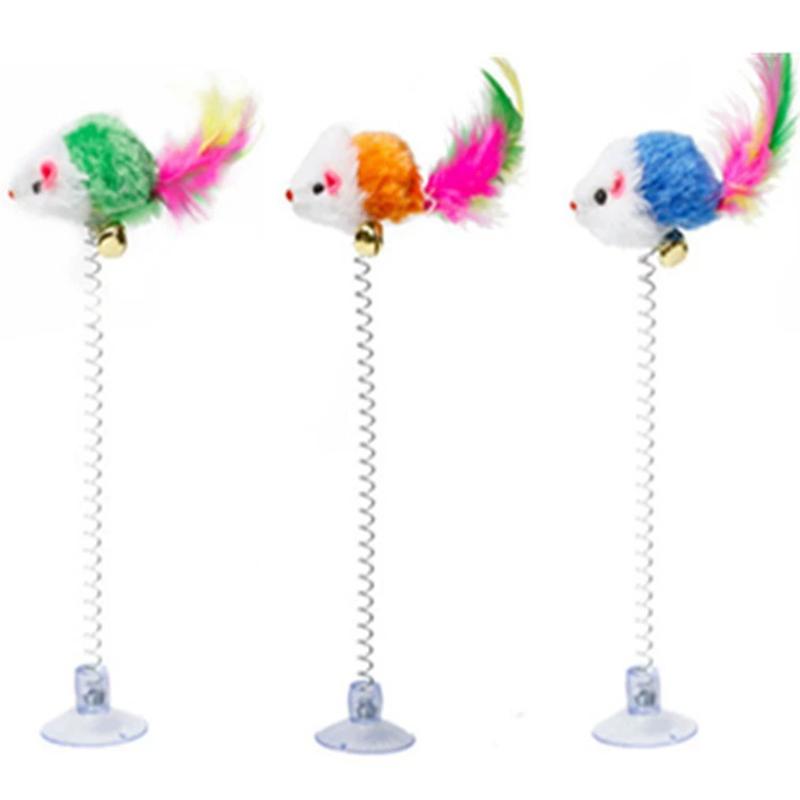 Cat Teaser Wand With Bell Feather Spring Mouse Toy Suction Cup Self Play Interactive Pet Toy For Kitten Anti Boredom Molar Chew