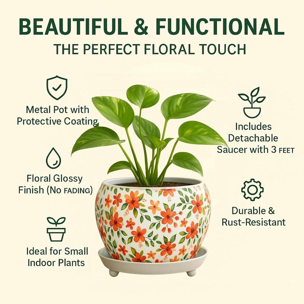 5 дюймов, Металлический горшок для растений Lily Designer Leaf с поддоном | Предмет домашнего декора для комнатных и садовых растений, цветов, балкона, патио, гостиной