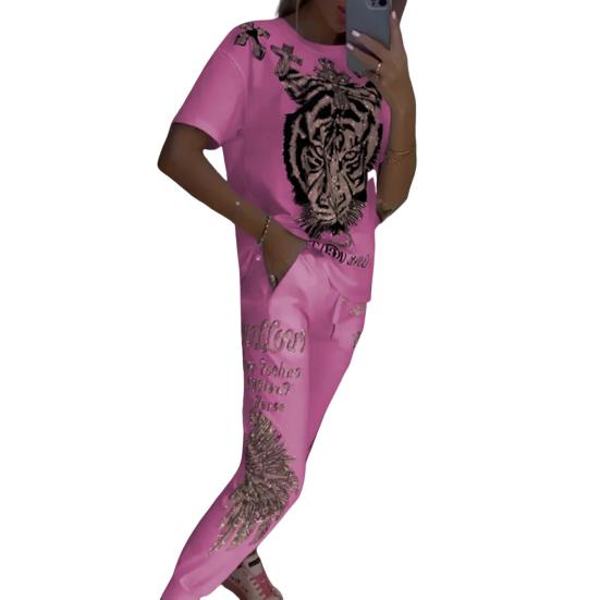 2 Pcs/Set Women T-shirt Pants Set Tiger Print Round Neck Short Sleeves Top Ankle-banded Elastic Waist Trousers Casual Daily Wear Outfit