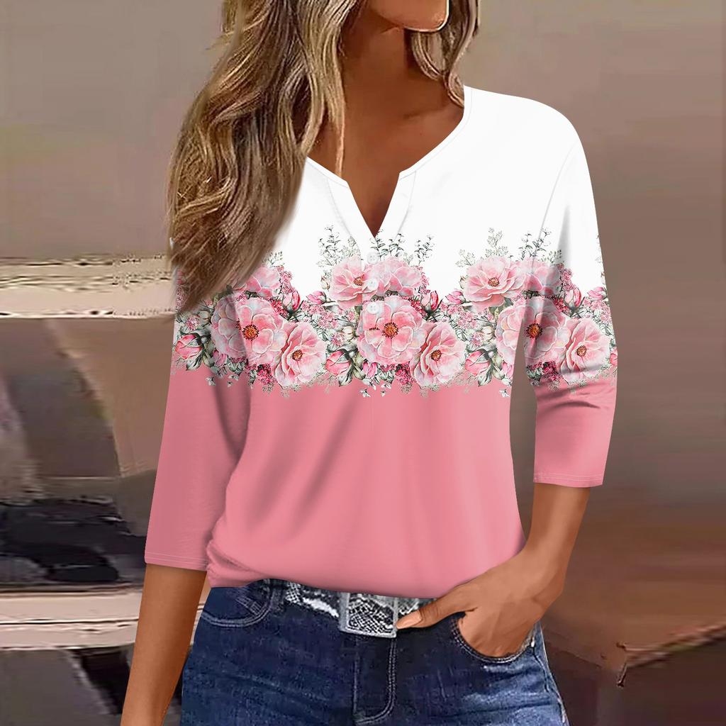 Women's T Shirt Tee Print Button  3/4 Sleeve Daily Weekend Fashion Basic V- Neck Regular Top