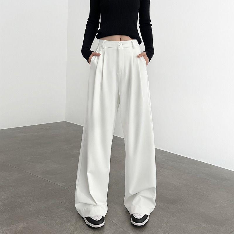 Женские белые брюки с высокой посадкой, драпировкой, прямые, зауженные, сшитые на заказ, широкие от бедра | Весенне-осенние премиальные повседневные непрозрачные костюмные брюки