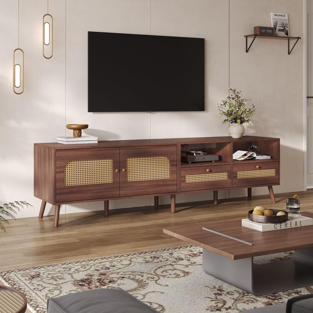 TV Ständer, Lowboard TV Board 2 2 Schublade, Offene Staufächer, TV-Schrank Landhausstil Sideboard, Wohnzimmer Esszimmer, 200cm, Braun